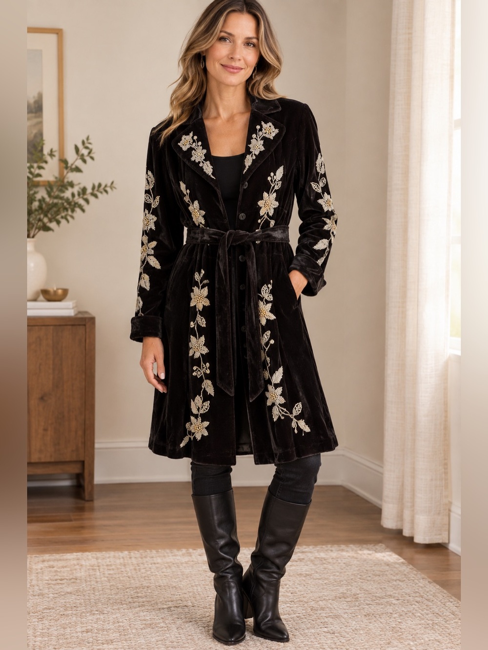 Johnny Was Joystick Black Velvet Trench with silver beaded  Floral Embroidery